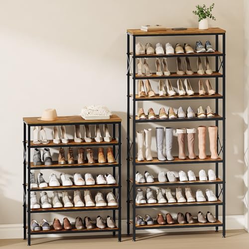 YATINEY 6-Tier Tall Shoe Rack Organizer, Wooden Shoe Storage for Closet Holds 24 Pairs, Sturdy Shoe Shelf with X-Shaped Metal Support, for Entryway, Bedroom, Rustic Brown and Black SS206BR YATINEY