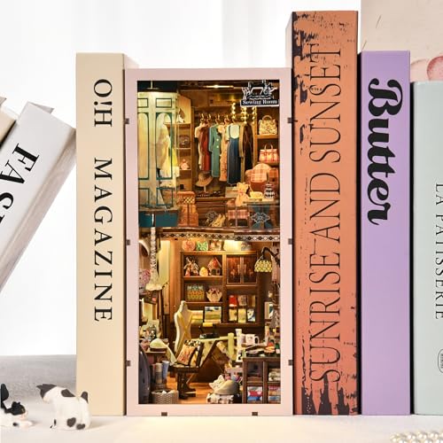 fifijoy Book Nook Kit, LED 3D Wooden Puzzle with Dust Cover, 460 Wooden Pieces, DIY Bookshelf Insert Decor Gifts for Book Lovers (Sewing Room)