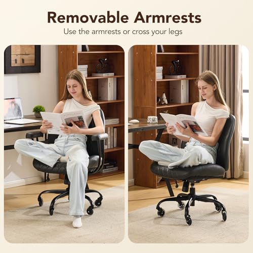 YFO Home Office Desk Chair Office Rubber Casters Ergonomic Computer Chair with Lumbar Support Adjustable Height Rolling Swivel Executive Task Armrests Chair๏ผ Black PU YFO