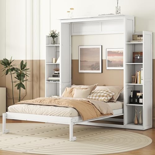 Queen Murphy Bed with Storage Shelves and LED Lights, Wood White Murphy Wall Bed Cabinet with Bookcase Bookshelf for Adults MERITLINE