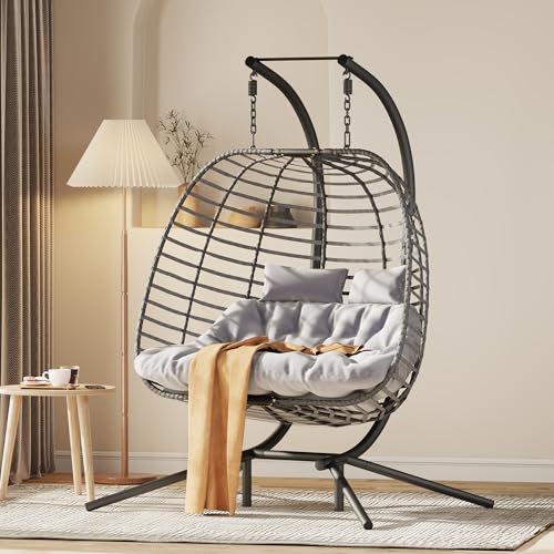 Double Hanging Egg Chair wth Stand, Patio Hammock Swing Chair with Cushion Loveseat for Bedroom, Balcony, Garden, Indoor, Outdoor HWB