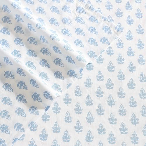 Laura Ashley - King Sheet Set, Crisp & Cool Cotton Percale Bedding with Deep Pockets, Lightweight for Year Round Comfort, Bed Sheets with Matching Pillowcases (Francesca Blue) Laura Ashley