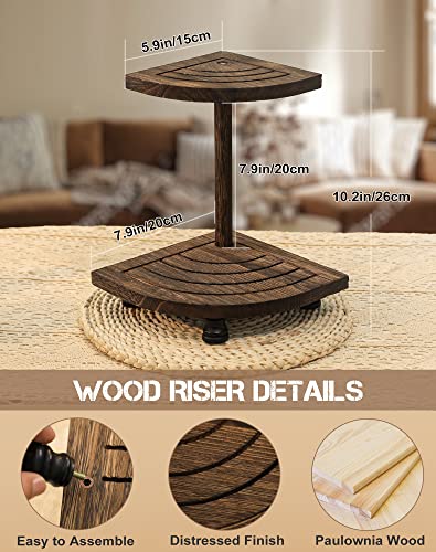 Tikea Decorative Wood Riser for Display, 2-Tier Rustic Corner Shelf for Kitchen Bathroom Counter Decor, Pedestal Stand for Soap Dispenser, Candle and Plant (Brown) Tikea