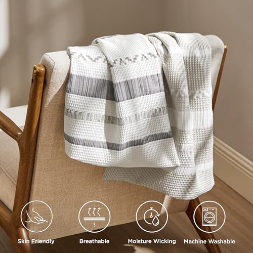 Bedsure Waffle King Size Comforter Set - Linen Soft Cotton Bedding Set for All Seasons, Stripe Fluffy Bed Set 3 Pieces with 1 Waffle Weave Comforter King Size and 2 Pillow Shams Bedsure