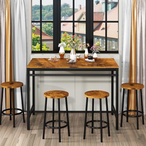 AWQM Industrial Counter Height Bar Table Set with 4 Stools - Rustic Brown & Black Dining Solution AWQM