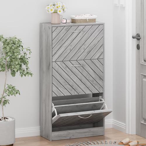 FUNISIR Shoe Storage Cabinet with 3 Flip Drawers, Slim Shoe Cabinet for Entryway, Hidden Shoe Organizer, Wooden Narrow Shoe Rack Cabinet with Removable Shelf, Grey FUNISIR