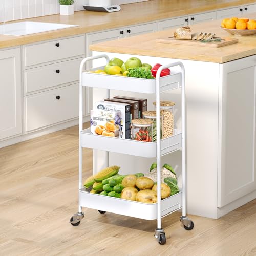 TOOLF 3-Tier Rolling Cart, Metal Utility Cart with Lockable Wheels, Storage Craft Art Cart Trolley Organizer Serving Cart Easy Assembly for Office, Bathroom, Kitchen, Kids' Room, Classroom (White) TOOLF