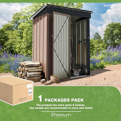Greesum Outdoor Storage Shed 5 x 3 ft. Utility Tool Shed Metal Storage Garden Shed with Door & Lock for Patio Storage, Brown Greesum