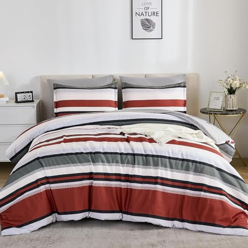 WONGS BEDDING Comforter Full Size, Red Bedding Comforter Set for Full Bed, Striped Bed in a Bag Full Size Comforter Sets for All Season 90"×78" WONGS BEDDING