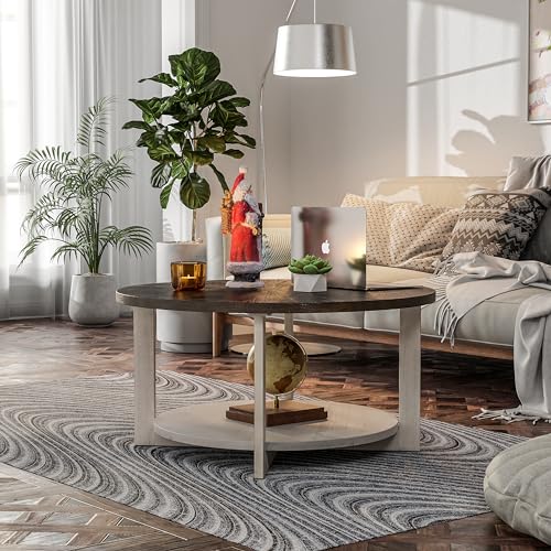 COZAYH Round Wood Coffee Tables with Storage, Rustic Farmhouse Coffee Table with Distressed Wood Top, Large Circle Table for Living Room, Brown, 32Dx32Wx19.5H in COZAYH