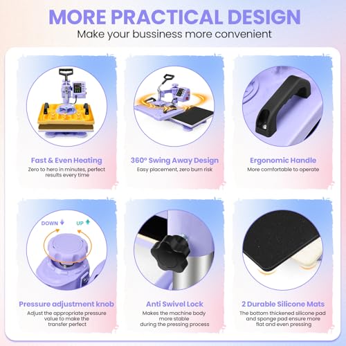 WHUBEFY Heat Press,8 in 1 Tshirt Printing Machine 15"x12" Digital Industrial Heat Transfer Machine,Sublimation Heat Press Machine for T Shirts/Mug/Cap/Plate/DIY (8 in 1 Heat Press(Purple)) Whubefy