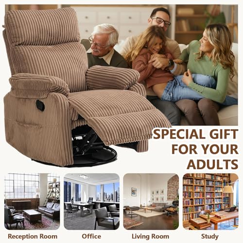 Manual Small Recliner Rocking Chair for Nursery/Relaxation, Corduroy Swivel Glider Recliner for Living Room Bedroom, Brown Rocking Chair Nursery Recliners for Small Spaces, Side Pockets (Brown)