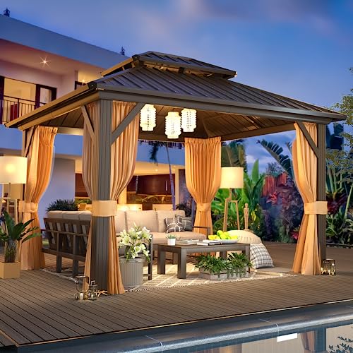 MELLCOM 10'x12' Hardtop Gazebo, Galvanized Steel Metal Double Roof Aluminum Gazebo with Curtain and Netting, Brown Permanent Pavilion Gazebo for Patio, Lawn & Garden MELLCOM