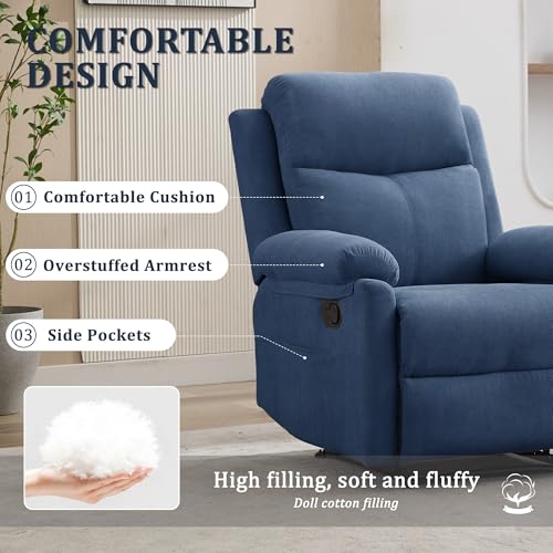 Korser Recliner Chair, Manual Recliner for Adults with Side Pocket, Small Recliners for Small Spaces, Adjustable Comfy Overstuffed Corduroy Reclining Chairs for Living Room, Reading, Bedroom, Blue