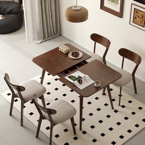 39’’-55’’ Oak Extendable Dining Table and Chairs Set of 4, Solid Wood Folding Kitchen Table, Mid Century Modern Dinner Table for Kitchen, Apartment, Living Room (Walnut 39''-55''+4 Cushion Chairs) Wayshome