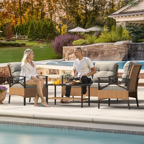 YITAHOME 4-Piece Patio Furniture Wicker Outdoor Bistro Set, All-Weather Rattan Conversation Loveseat Chairs for Backyard, Balcony and Deck with Soft Cushions and Metal Table (Light Brown+Gray) YITAHOME