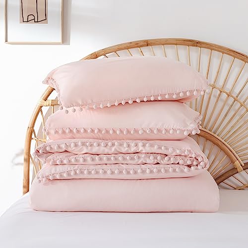 YIRDDEO Twin Comforter Set - Comforter Twin Size Bed with Ball Pom Fringe, Soft Bedding Set for All Seasons - 2 Pieces, 1 Comforter (66"x90") & 1 Pillow Sham(20"x26"), Blush YIRDDEO
