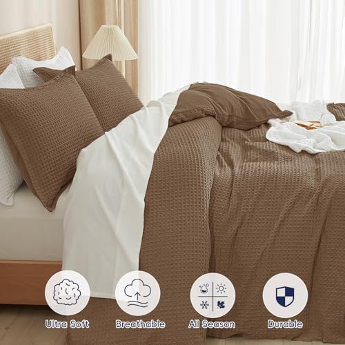 PHF Waffle Duvet Cover Set King Size, No Snagging Ultra Soft Luxury Textured Breathable Comforter Cover for All Season 3pcs, Durable Bedding Duvet Set with 2 Pillow Shams, 104"x90", Mocha/Cocoa Brown PHF