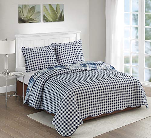 Brilliant Sunshine Blue Plaids and Stripes Patchwork, 3-Piece Quilt Set with 2 Shams, Reversible Bedspread, Soft Lightweight Coverlet, All-Season, Full/Queen, Blue Brilliant Sunshine