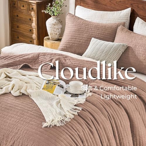 DOWN HOME Queen Quilt Bedding Set with Shams, Vintage Washed Soft Quilted Blanket Thin Comforter Lightweight Bedspread Coverlet Bed Cover, Brushed Microfiber Stripe Stitching, Desert Blush, 86"x90" DOWN HOME