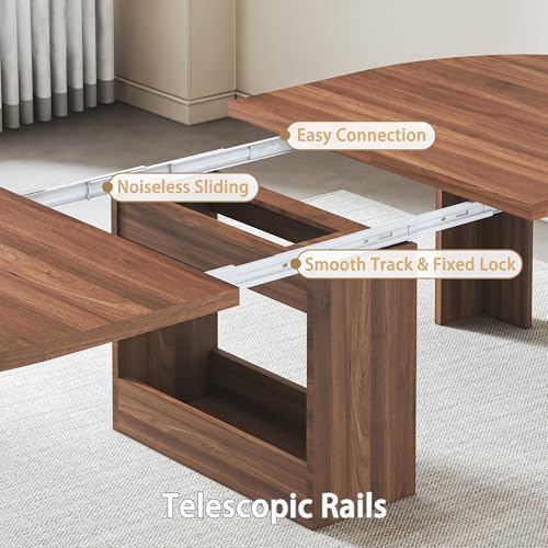 Round Extendable Dining Table for 4-12 People, 47-118 Inch Kitchen Table with Wood Strip Base, Modern Oval Dining Room Table for Kitchen Living Room, Walnut Bvldfamly