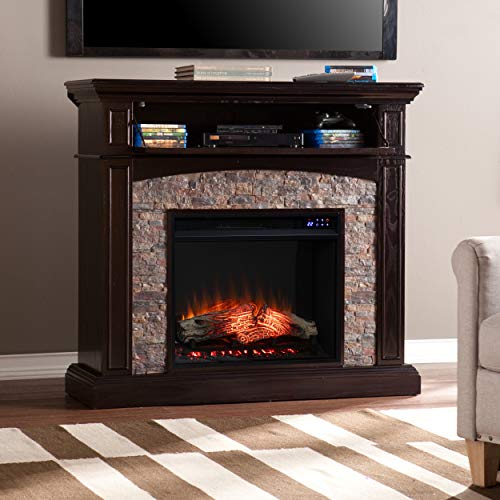 SEI Furniture Grantham Faux Stone Corner Electric Fireplace with Hidden Media Shelf, New Ebony SEI Furniture
