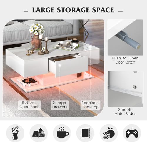 Tangkula LED Coffee Table with 2 Drawers, High Glossy Modern Center Table, 20-Color Dimmable LED Lights & Remote Control, 2-Tier Rectangle Coffee Table for Living Room (with Drawer, White) Tangkula