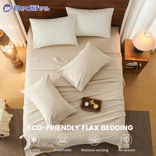 Bedlifes 100% French Pure Linen Sheets Queen Size Breathable and Cooling Flax Sheet Set Soft Durable and Moisture Wicking 16 Inch Deep Pocket-4 Piece(Queen,Linen) Bedlifes