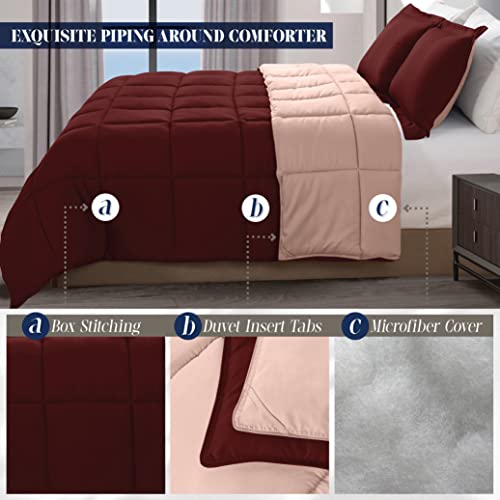 Elegant Comfort 3-Piece Reversible Comforter Set, All Season Cozy, Soft Down Alternative, Quilted - Box Stitched - Duvet Insert with 4 Corner Tabs, Comforter with Shams, Twin XL, Burgundy/Dusty Rose Elegant Comfort