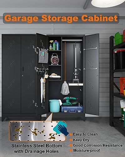 YILFANA 75" Metal Storage Cabinet with Lockable Doors, Functional Garage Storage Cabinets, Heavy-Duty Tool Organization Cabinet with Hanging Rod & S-Hooks (75" Utility Closet) YILFANA