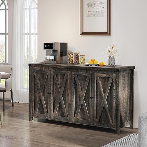 YITAHOME Farmhouse Sideboard Buffet Cabinet with Storage with 4 Doors, 55'' Large Kitchen Storage Cabinet, Wood Coffee Bar Cabinet with Adjustable Shelf for Kitchen, Living Room, Dark Oak YITAHOME