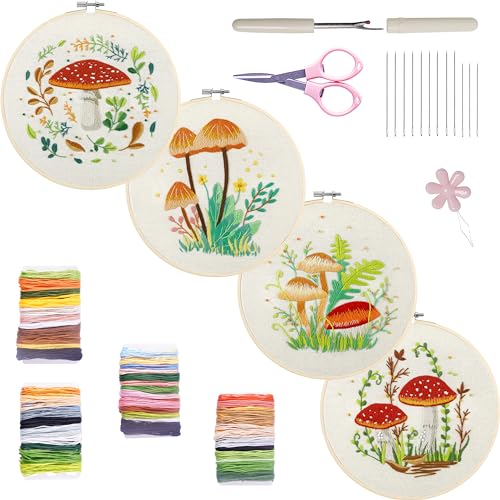 Bonroy 4 Sets Embroidery Kit for Beginners with Instructions,Cross Stitch Kits for Adults with Pattern,Needlepoint Kits for Adult Include Embroidery Cloth Hoops Needles Threads(Mushroom)