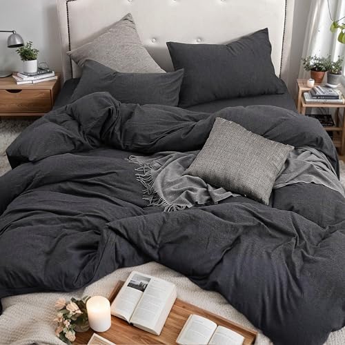 PURE ERA Jersey Knit Duvet Cover Set 100% T-Shirt Cotton Super Soft Comfy 3pc Bedding Set with Zipper Closure (Heather Charcoal Grey, Queen) PURE ERA