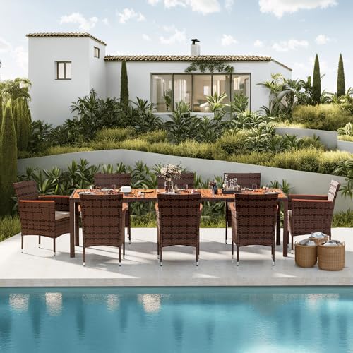 Devoko Outdoor Patio Dining Sets 9 Pieces Wicker Outdoor Dining Table and Chairs Set with Acacia Wood Table Top and Widened Armrests for Backyard, Garden, Deck (Brown) Devoko