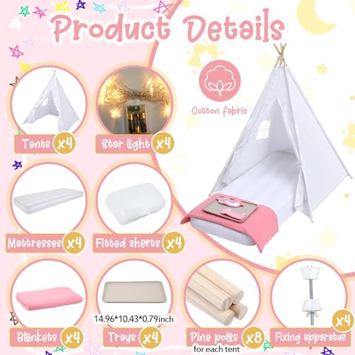 Windyun 4 Pack Kids Teepee Tent for Slumber Party with Mattress and Lights, Sleepover Tents for Girls Boys Indoor Outdoor Cotton Teepee with Airbed Tray Blanket Birthday Party Supplies(White) Windyun