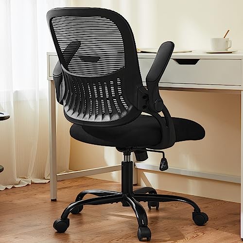 Sweetcrispy Office Computer Desk Chair, Ergonomic Mid-Back Mesh Rolling Work Swivel Task Chairs with Wheels, Comfortable Lumbar Support, Comfy Flip-up Arms for Home, Bedroom, Study, Student, Black Sweetcrispy
