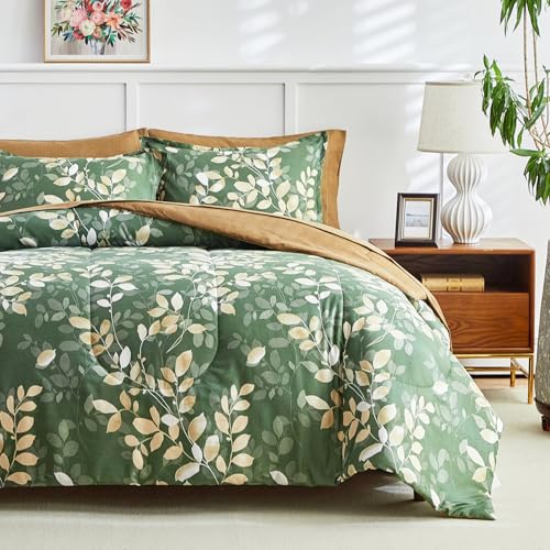 AIKASY 6-Piece Comforter Set Bed in a Bag, Twin Size, Green Leaf Pattern - Bedding Set with Comforter, Pillow Shams, Fitted Sheet, and Pillowcases - Soft and Cozy All-Season Bedding (Green) AIKASY