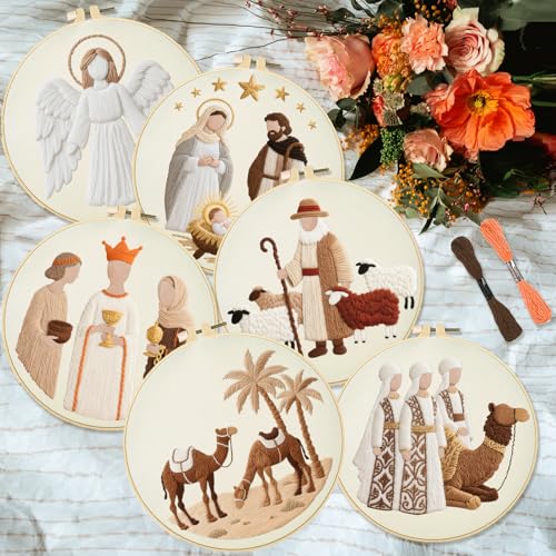 INFUNLY 6 PCS Nativity Scene Embroidery Kits for Beginners DIY Cross Stitch Starter Sets with Instructions Angel Camel Pattern Christmas Needlepoint Kits with Embroidery Cloth Colored Threads Hoops