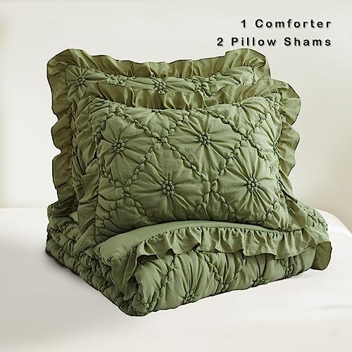 BEDAZZLED Queen Size Comforter Sets, Green Bedding Comforter Set, 3 Pieces Pinch Pleat Bedding Sets with Comforter and Pillowcases Soft Farmhouse Shabby Chic Comforter for All Season BEDAZZLED