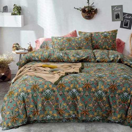 Faincy Bohemian Duvet Cover King Size - Boho Paisley Green Floral Pattern Printed Microfiber Comforter Cover Set - 3PC 90 X 104 Soft and Lightweight Quilt Cover, Retro Farmhouse Style for Women Men Faincy