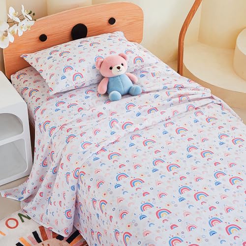 Mooreeke Twin Sheets Set Kids, Girls Twin Sheets, Cute Rainbow Printed, Soft Microfiber Kids Bedding Set Mooreeke