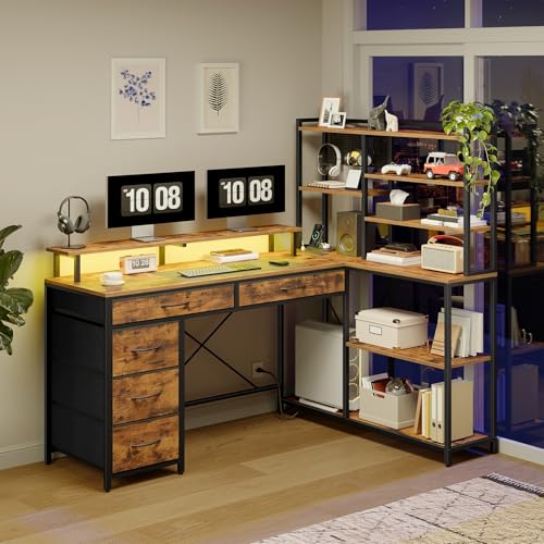 RALGEND L Shaped Computer Desk with Drawers, 53'' Gaming Desk with Storage Shelves, Corner Computer Desk with Power Outlets & LED Light, Home Office Desk with Monitor Stand and Pegboard, Rustic Brown RALGEND