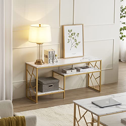 ivinta Narrow Console Table, White Entryway Table with Storage Shelf, Faux Marble Top Sofa Table with Gold Metal Frame, Modern Hallway Couch Table for Small Spaces, 6026 ivinta