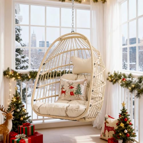 Nicesoul Outdoor Hanging Egg Chair Without Stand, Patio Wicker Swing Egg Basket Chairs with Padded Cushion, 350 Lbs Comfy Cozy Ceiling Tree Swinging Egg-Shaped Chair No Stand for Indoor Balcony, Beige NICESOUL
