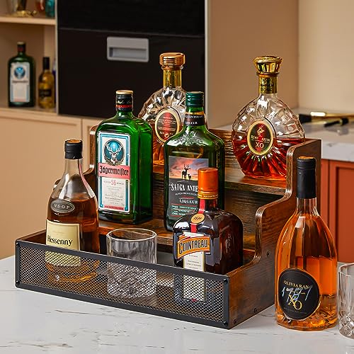 3 Step Countertop Liquor Bottle Display Shelf, Wood Bar Shelves 12 Bottles with Fences, Freestanding Storage Shelves for Liquor Whiskey Wine Coffee Syrup Display, Retro Wine Rack Home (Patent Pending) Yuzehuaza