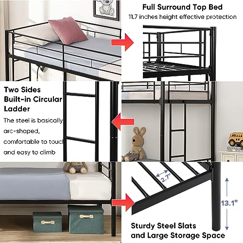 HomJoones Metal Bunk Bed Twin Over Twin Sturdy Heavy Duty Bunk Beds with 2 Side Ladders,Space Saving,No Box Spring Needed,for Boys Girls Teens Adults, Bedroom, Dormitory (Black) HomJoones