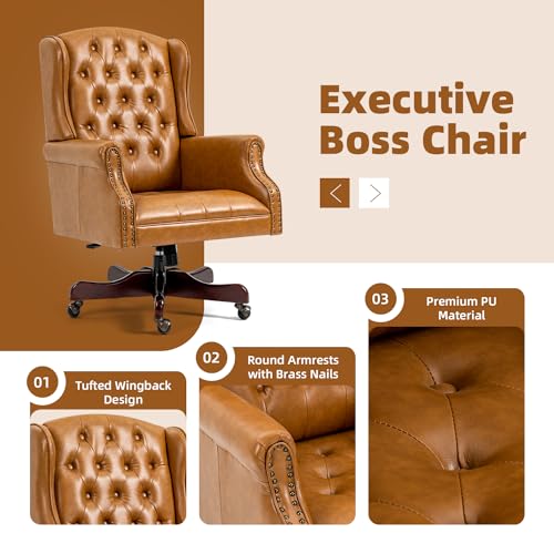 ECOTOUGE Tufted Office Chair, Faux Leather Executive Desk Chair w/High Back & Nail Head Trim, Ergonomic Wingback PC Chair for Home, Office and Living Room, Brown ECOTOUGE