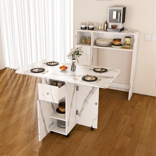 Montary Multifunctional Folding Dining Table with Wall-Mounted Sideboard & Storage for Small Apartments, Movable Kitchen End Table Extendable Dining Table Set for 2-6 People, White Montary