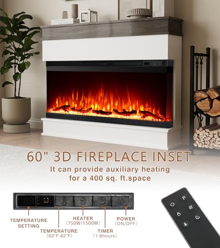 Maxhonor 3-Sided View Electric Fireplace Insert - Minimalist Mantel - 12 Color Flame Effect - 1500/750 Watt Heater - Remote Control - Log & Crystals(60",White) Maxhonor