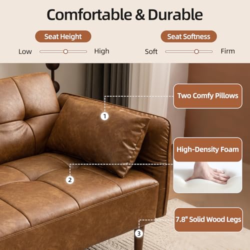 HALLYBEE 85” Futon Sofa Bed, Sleeper Sofa, Small Couch with Storage Adjustable Armrests Pillows, Faux Leather Loveseat, Mid Century Modern Couches for Living Room, Bedroom, Apartment, Brown HALLYBEE